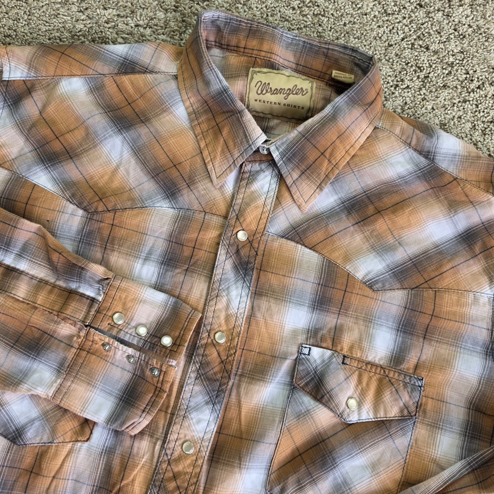 Wrangler Western Shirt Mens 2XL Orange Brown Plaid Pearl Snap Cotton Cowboy